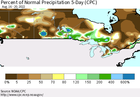 Canada Percent of Normal Precipitation 5-Day (CPC) Thematic Map For 8/16/2022 - 8/20/2022