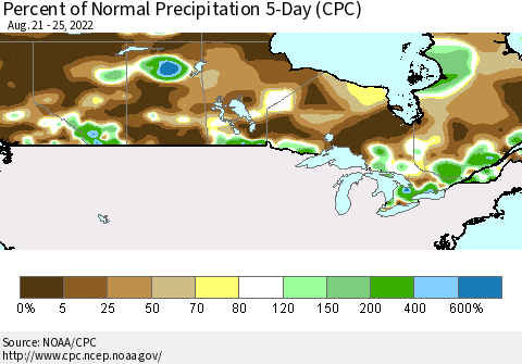 Canada Percent of Normal Precipitation 5-Day (CPC) Thematic Map For 8/21/2022 - 8/25/2022
