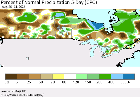 Canada Percent of Normal Precipitation 5-Day (CPC) Thematic Map For 8/26/2022 - 8/31/2022