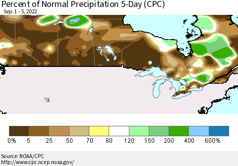 Canada Percent of Normal Precipitation 5-Day (CPC) Thematic Map For 9/1/2022 - 9/5/2022