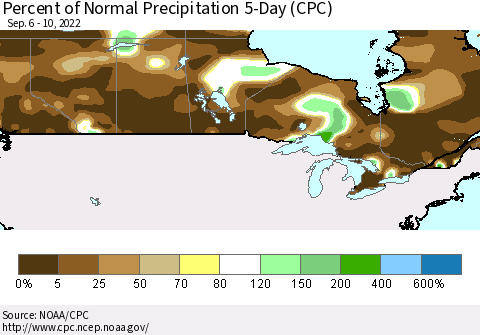 Canada Percent of Normal Precipitation 5-Day (CPC) Thematic Map For 9/6/2022 - 9/10/2022