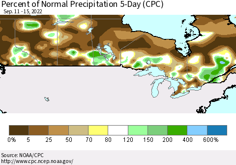 Canada Percent of Normal Precipitation 5-Day (CPC) Thematic Map For 9/11/2022 - 9/15/2022