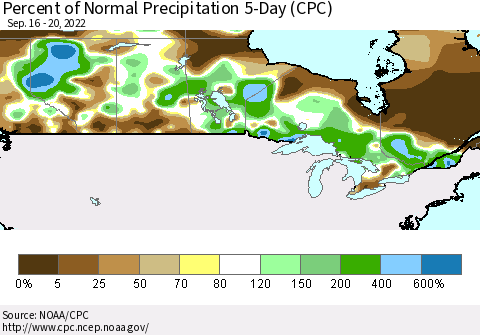 Canada Percent of Normal Precipitation 5-Day (CPC) Thematic Map For 9/16/2022 - 9/20/2022