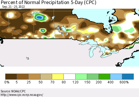 Canada Percent of Normal Precipitation 5-Day (CPC) Thematic Map For 9/21/2022 - 9/25/2022