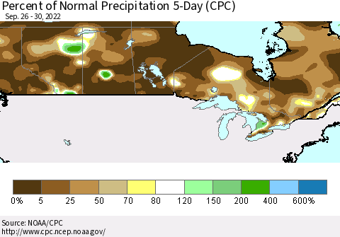Canada Percent of Normal Precipitation 5-Day (CPC) Thematic Map For 9/26/2022 - 9/30/2022