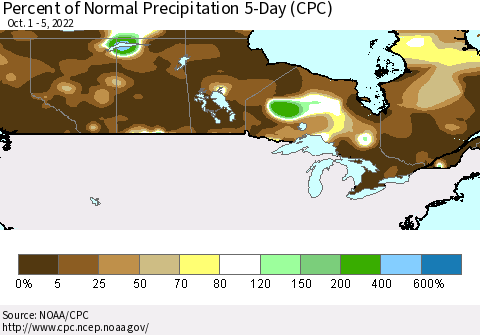 Canada Percent of Normal Precipitation 5-Day (CPC) Thematic Map For 10/1/2022 - 10/5/2022
