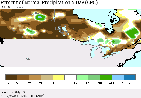 Canada Percent of Normal Precipitation 5-Day (CPC) Thematic Map For 10/6/2022 - 10/10/2022