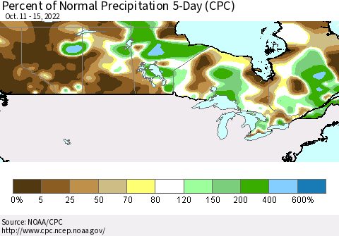Canada Percent of Normal Precipitation 5-Day (CPC) Thematic Map For 10/11/2022 - 10/15/2022