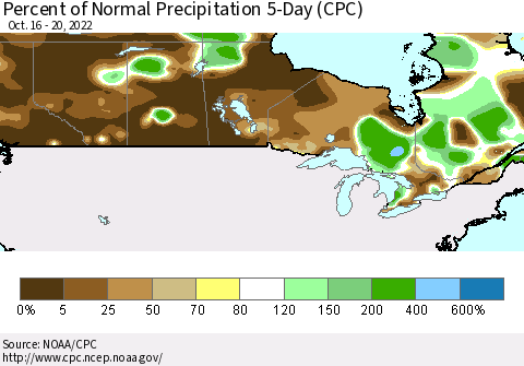 Canada Percent of Normal Precipitation 5-Day (CPC) Thematic Map For 10/16/2022 - 10/20/2022