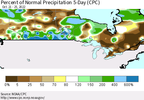 Canada Percent of Normal Precipitation 5-Day (CPC) Thematic Map For 10/21/2022 - 10/25/2022