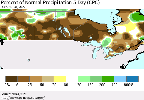 Canada Percent of Normal Precipitation 5-Day (CPC) Thematic Map For 10/26/2022 - 10/31/2022