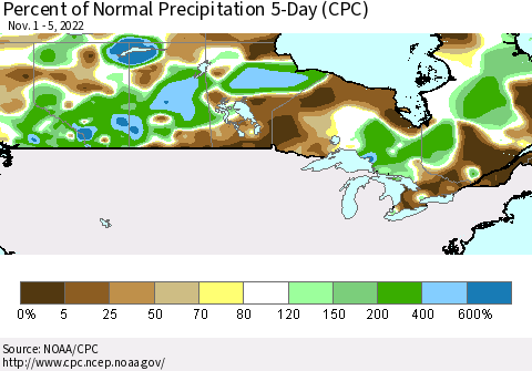 Canada Percent of Normal Precipitation 5-Day (CPC) Thematic Map For 11/1/2022 - 11/5/2022