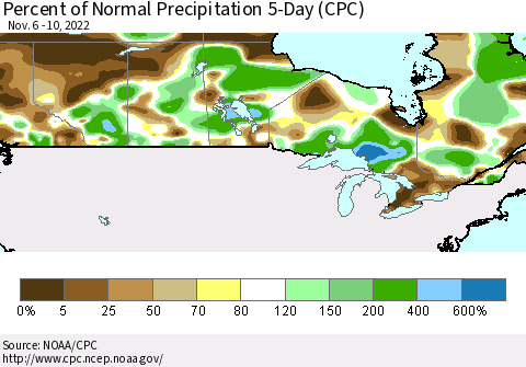 Canada Percent of Normal Precipitation 5-Day (CPC) Thematic Map For 11/6/2022 - 11/10/2022