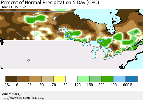 Canada Percent of Normal Precipitation 5-Day (CPC) Thematic Map For 11/11/2022 - 11/15/2022