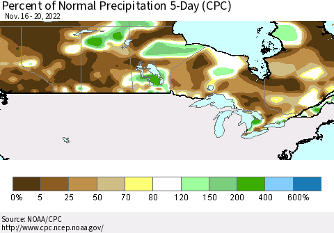 Canada Percent of Normal Precipitation 5-Day (CPC) Thematic Map For 11/16/2022 - 11/20/2022