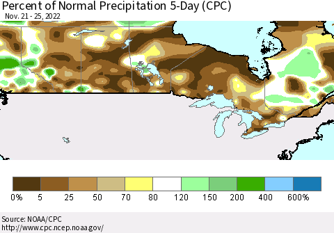 Canada Percent of Normal Precipitation 5-Day (CPC) Thematic Map For 11/21/2022 - 11/25/2022