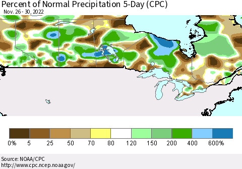 Canada Percent of Normal Precipitation 5-Day (CPC) Thematic Map For 11/26/2022 - 11/30/2022