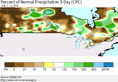 Canada Percent of Normal Precipitation 5-Day (CPC) Thematic Map For 12/1/2022 - 12/5/2022