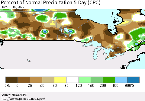 Canada Percent of Normal Precipitation 5-Day (CPC) Thematic Map For 12/6/2022 - 12/10/2022
