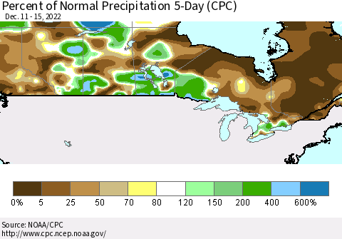 Canada Percent of Normal Precipitation 5-Day (CPC) Thematic Map For 12/11/2022 - 12/15/2022