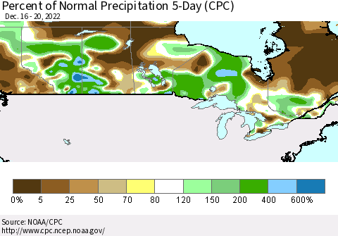Canada Percent of Normal Precipitation 5-Day (CPC) Thematic Map For 12/16/2022 - 12/20/2022