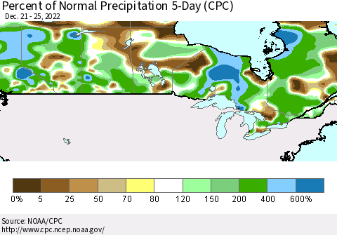 Canada Percent of Normal Precipitation 5-Day (CPC) Thematic Map For 12/21/2022 - 12/25/2022