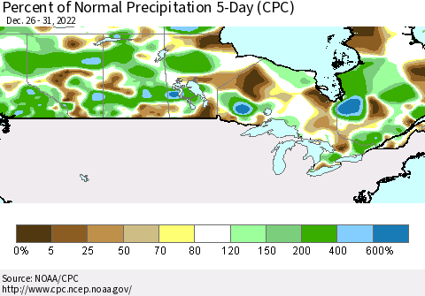 Canada Percent of Normal Precipitation 5-Day (CPC) Thematic Map For 12/26/2022 - 12/31/2022