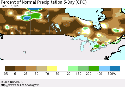Canada Percent of Normal Precipitation 5-Day (CPC) Thematic Map For 1/1/2023 - 1/5/2023