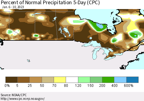 Canada Percent of Normal Precipitation 5-Day (CPC) Thematic Map For 1/6/2023 - 1/10/2023