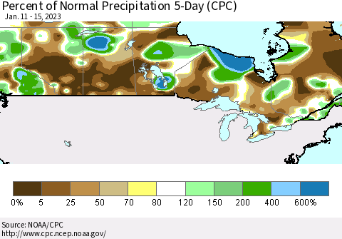 Canada Percent of Normal Precipitation 5-Day (CPC) Thematic Map For 1/11/2023 - 1/15/2023