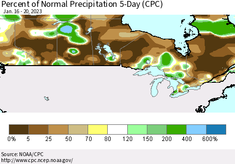 Canada Percent of Normal Precipitation 5-Day (CPC) Thematic Map For 1/16/2023 - 1/20/2023