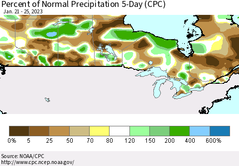 Canada Percent of Normal Precipitation 5-Day (CPC) Thematic Map For 1/21/2023 - 1/25/2023