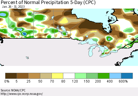 Canada Percent of Normal Precipitation 5-Day (CPC) Thematic Map For 1/26/2023 - 1/31/2023