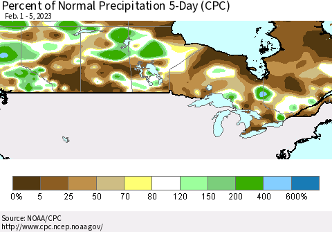 Canada Percent of Normal Precipitation 5-Day (CPC) Thematic Map For 2/1/2023 - 2/5/2023