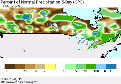 Canada Percent of Normal Precipitation 5-Day (CPC) Thematic Map For 2/6/2023 - 2/10/2023