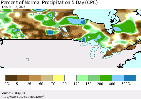 Canada Percent of Normal Precipitation 5-Day (CPC) Thematic Map For 2/11/2023 - 2/15/2023