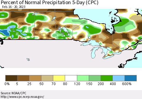 Canada Percent of Normal Precipitation 5-Day (CPC) Thematic Map For 2/16/2023 - 2/20/2023