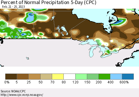 Canada Percent of Normal Precipitation 5-Day (CPC) Thematic Map For 2/21/2023 - 2/25/2023