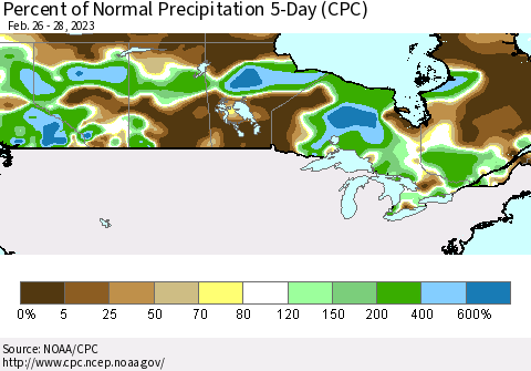 Canada Percent of Normal Precipitation 5-Day (CPC) Thematic Map For 2/26/2023 - 2/28/2023