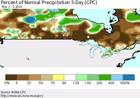Canada Percent of Normal Precipitation 5-Day (CPC) Thematic Map For 3/1/2023 - 3/5/2023