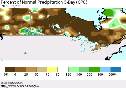 Canada Percent of Normal Precipitation 5-Day (CPC) Thematic Map For 3/6/2023 - 3/10/2023