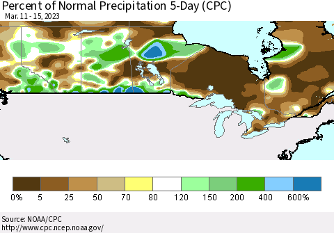 Canada Percent of Normal Precipitation 5-Day (CPC) Thematic Map For 3/11/2023 - 3/15/2023