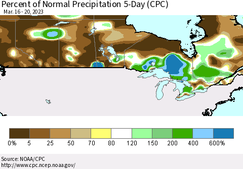Canada Percent of Normal Precipitation 5-Day (CPC) Thematic Map For 3/16/2023 - 3/20/2023