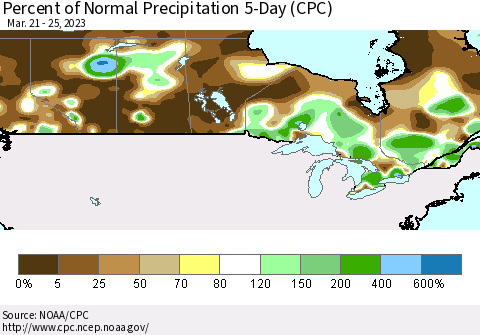 Canada Percent of Normal Precipitation 5-Day (CPC) Thematic Map For 3/21/2023 - 3/25/2023