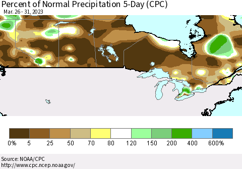Canada Percent of Normal Precipitation 5-Day (CPC) Thematic Map For 3/26/2023 - 3/31/2023