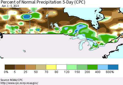 Canada Percent of Normal Precipitation 5-Day (CPC) Thematic Map For 4/1/2023 - 4/5/2023