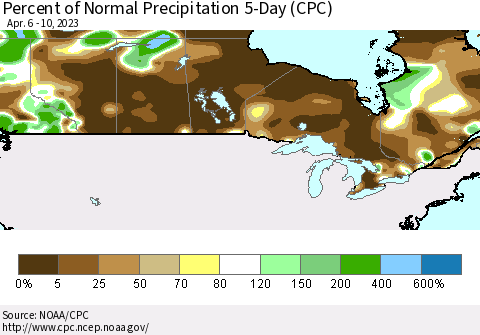 Canada Percent of Normal Precipitation 5-Day (CPC) Thematic Map For 4/6/2023 - 4/10/2023