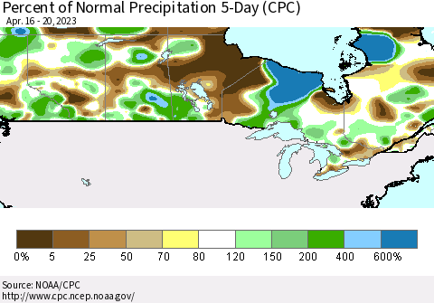 Canada Percent of Normal Precipitation 5-Day (CPC) Thematic Map For 4/16/2023 - 4/20/2023