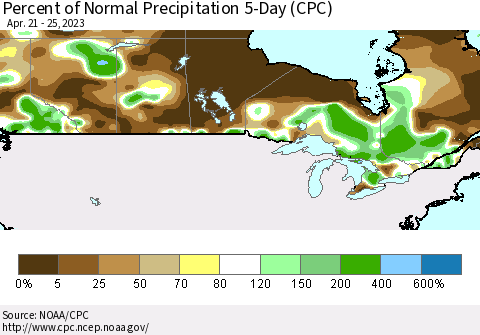 Canada Percent of Normal Precipitation 5-Day (CPC) Thematic Map For 4/21/2023 - 4/25/2023