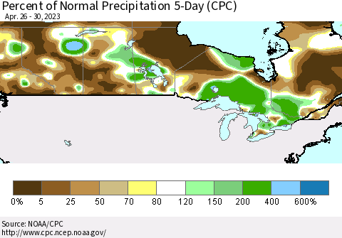 Canada Percent of Normal Precipitation 5-Day (CPC) Thematic Map For 4/26/2023 - 4/30/2023